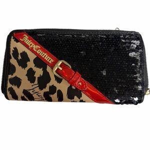 Juicy Couture Black Sequin & Leopard Print Zip Wallet with Red Patent Strap